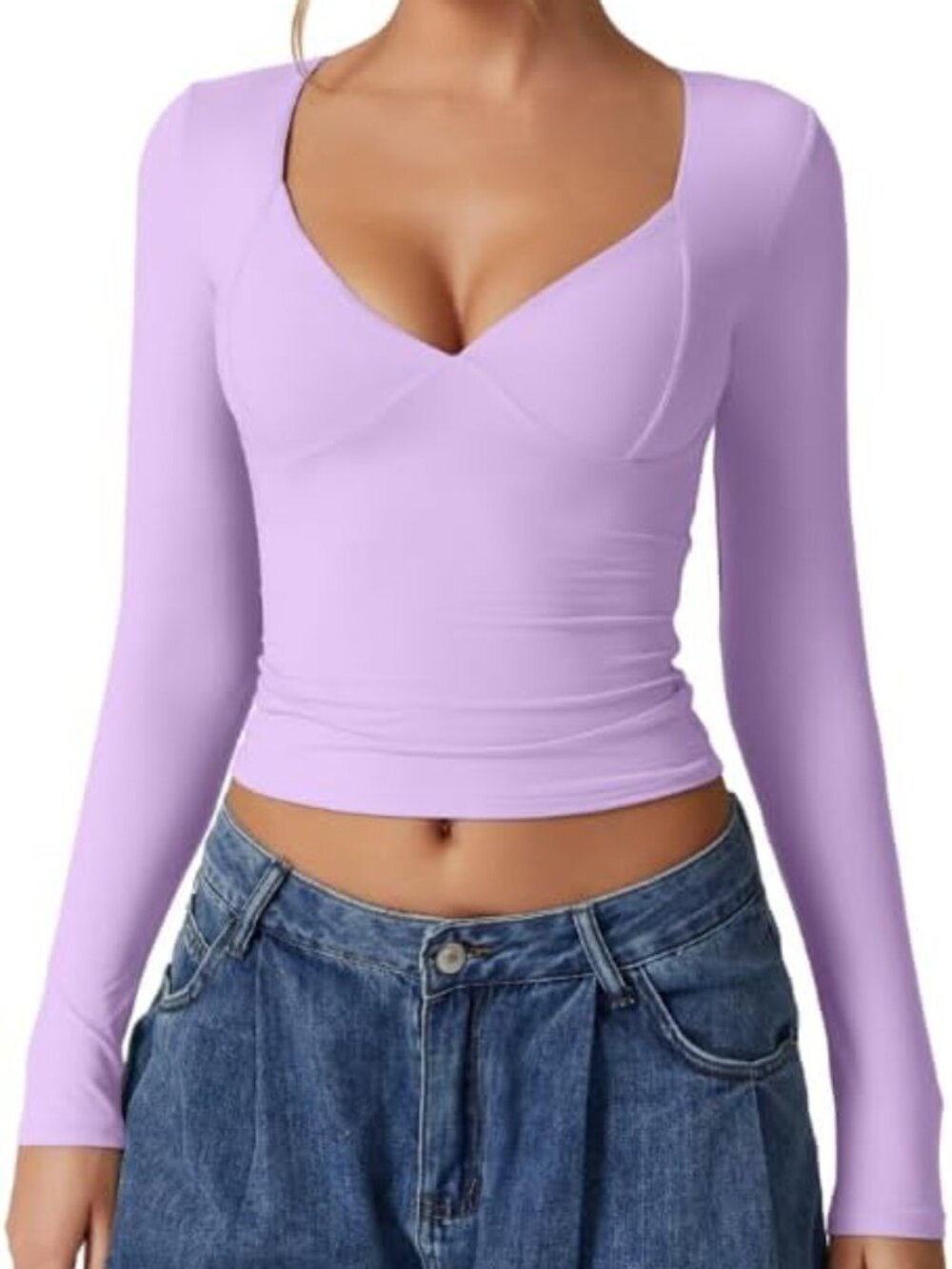 〽️Women's Purple V Neck Long Sleeve Double Lined Seamed Cup Crop Tops